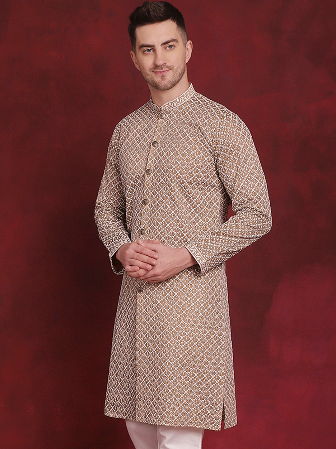 Jompers Men's Sequin Chikankari Front Open Kurta - Beige