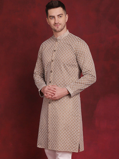 Jompers Men's Sequin Chikankari Front Open Kurta - Beige