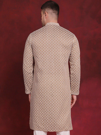Jompers Men's Sequin Chikankari Front Open Kurta - Beige