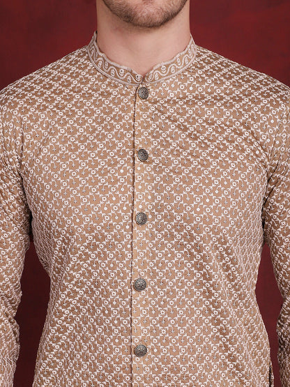 Jompers Men's Sequin Chikankari Front Open Kurta - Beige