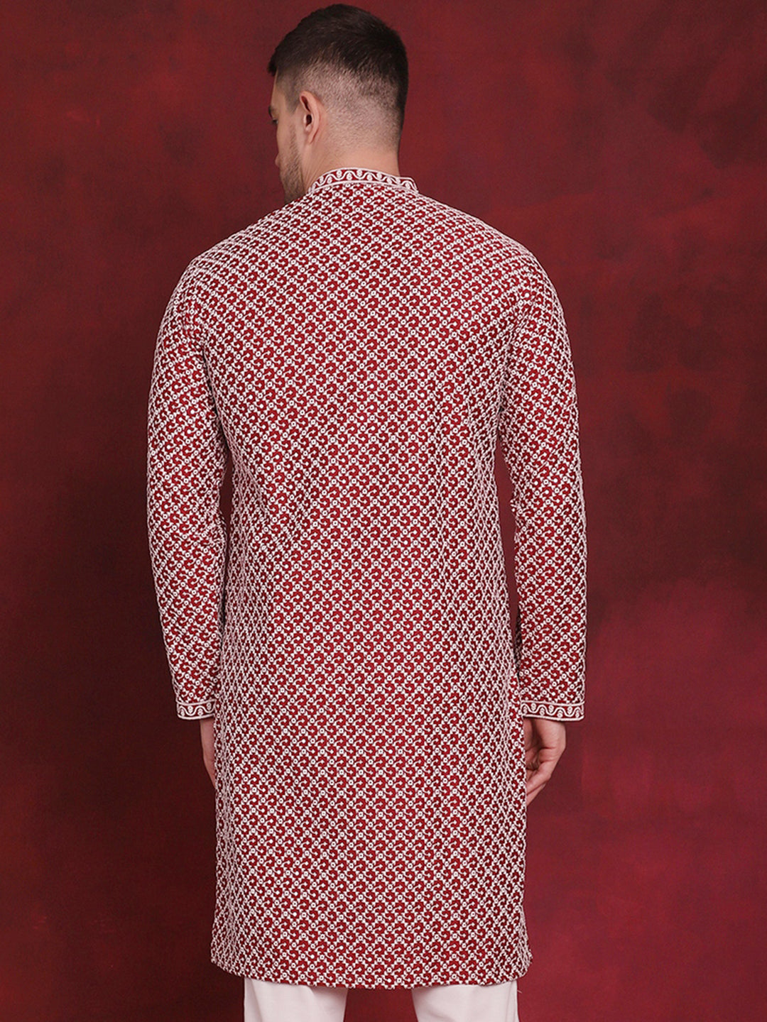Jompers Men's Sequin Chikankari Front Open Kurta - Maroon