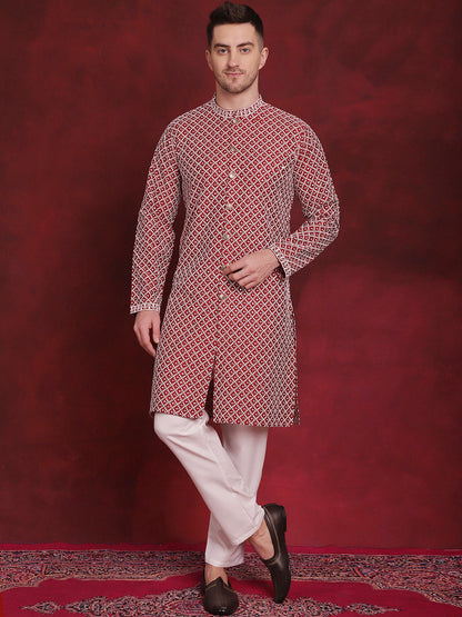 Jompers Men's Sequin Chikankari Front Open Kurta - Maroon