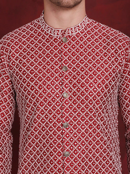 Jompers Men's Sequin Chikankari Front Open Kurta - Maroon