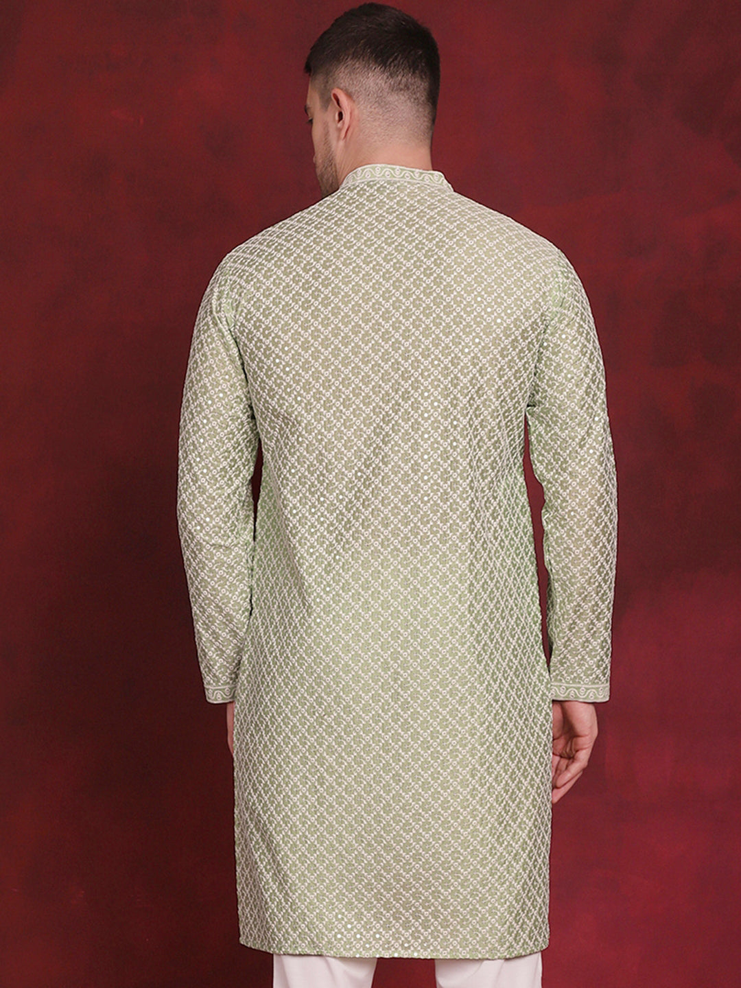 Jompers Men's Sequin Chikankari Front Open Kurta - Pista