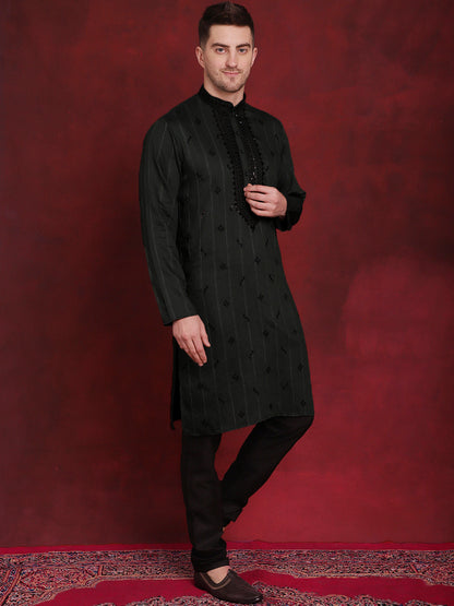 Jompers Men's Sequins Embroidered Kurta - Olive