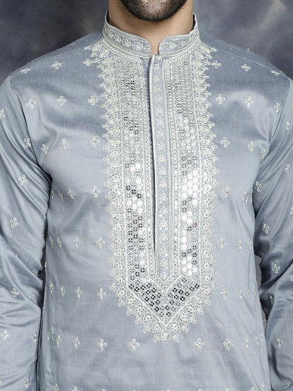 Jompers Men's Sequins Embroidered Kurta - Grey