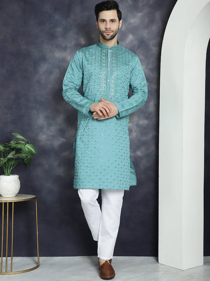 Jompers Men's Sequins Embroidered Kurta - Blue