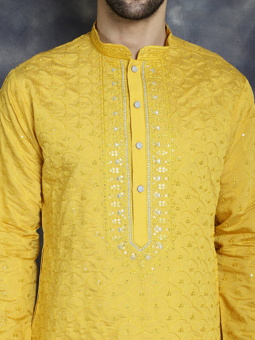 Jompers Men's Sequins Embroidered Kurta - Mustard