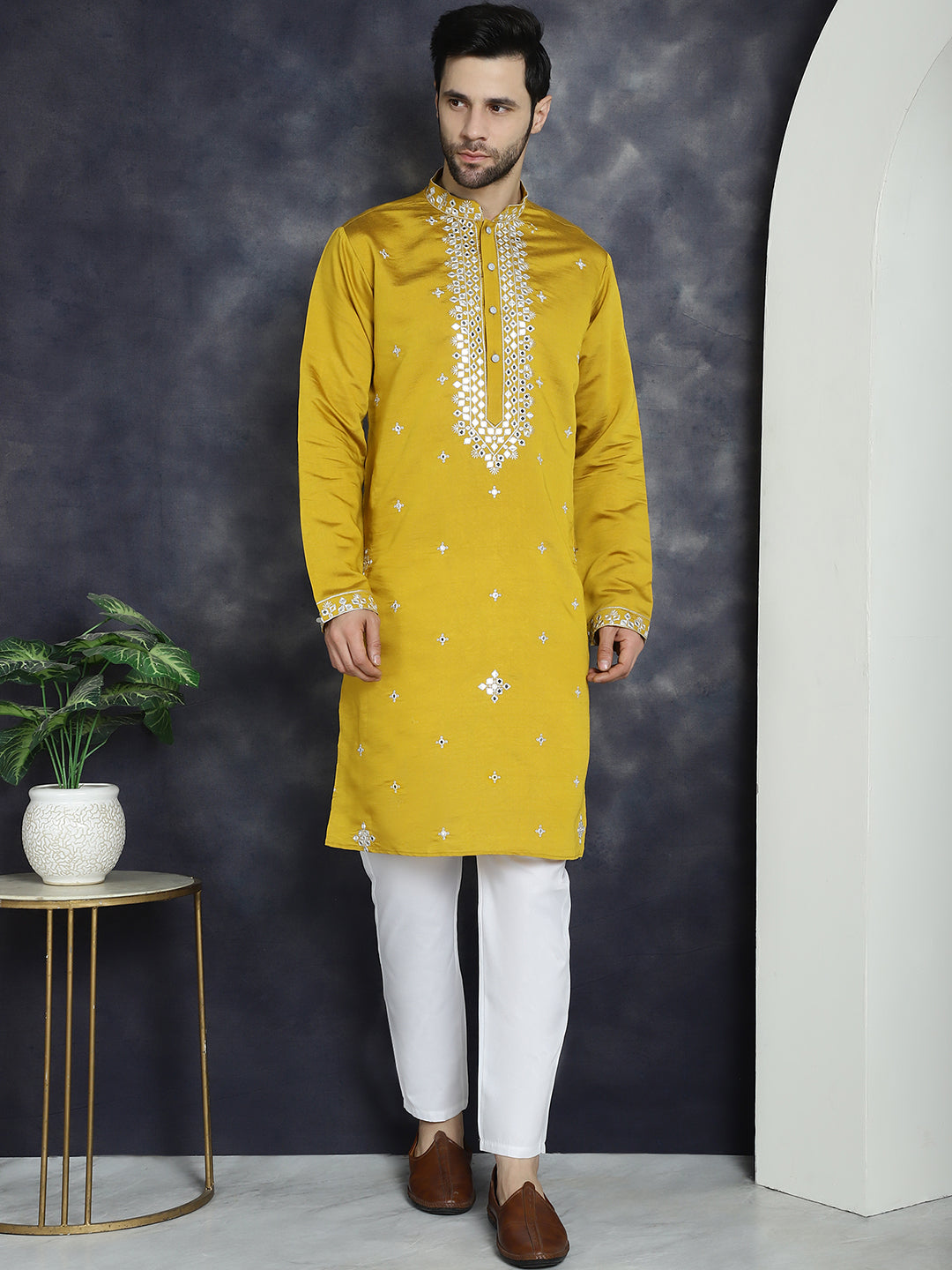 Jompers Men's Embroidered Kurta - Mustard