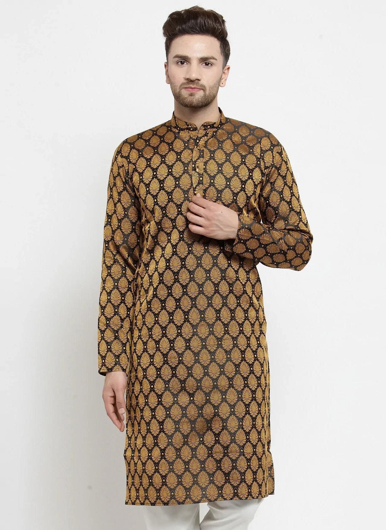 Jompers Men's Black-Colored & Golden Self Design Kurta Only