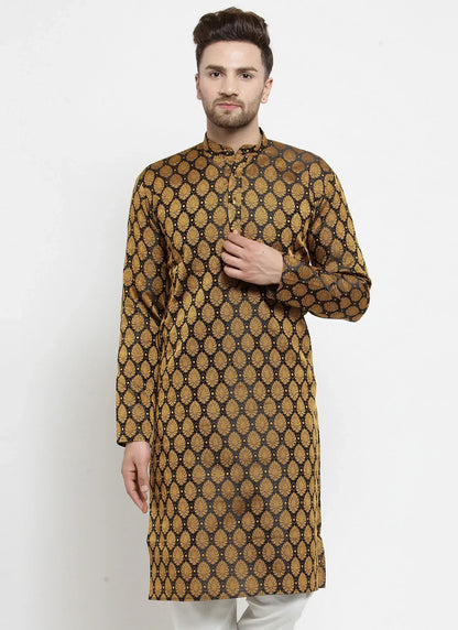 Jompers Men's Black-Colored & Golden Self Design Kurta Only