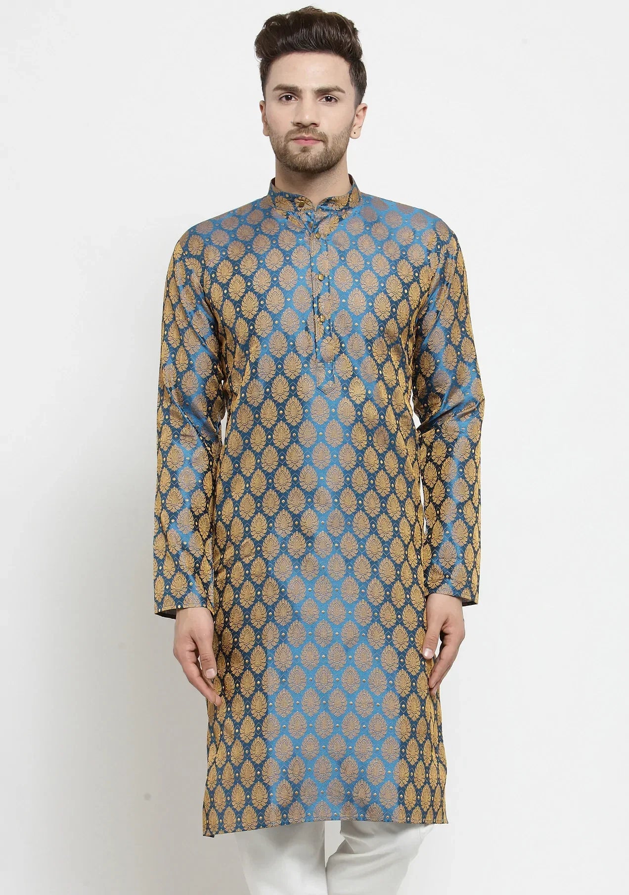 Jompers Men's Blue-Colored & Golden Self Design Kurta Only