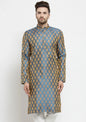 Jompers Men's Blue-Colored & Golden Self Design Kurta Only