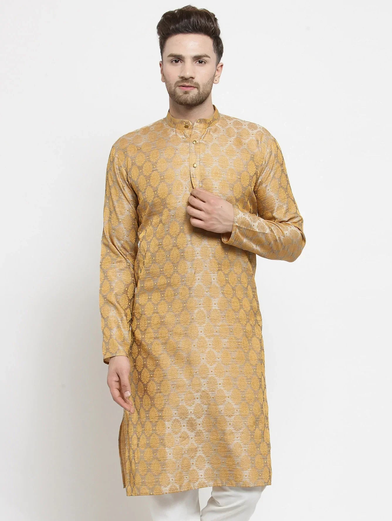 Jompers Men's Silver-Colored & Golden Self Design Kurta Only