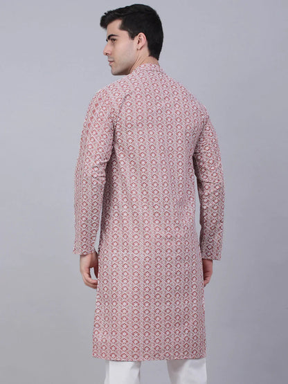 Jompers Men's Coral Red & White Embroidered Straight Kurta