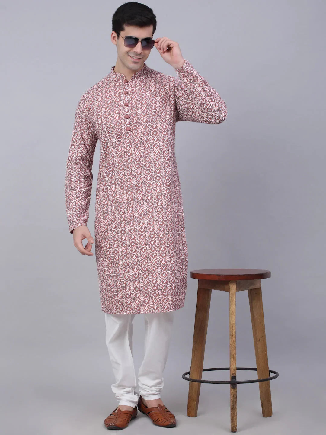 Jompers Men's Coral Red & White Embroidered Straight Kurta