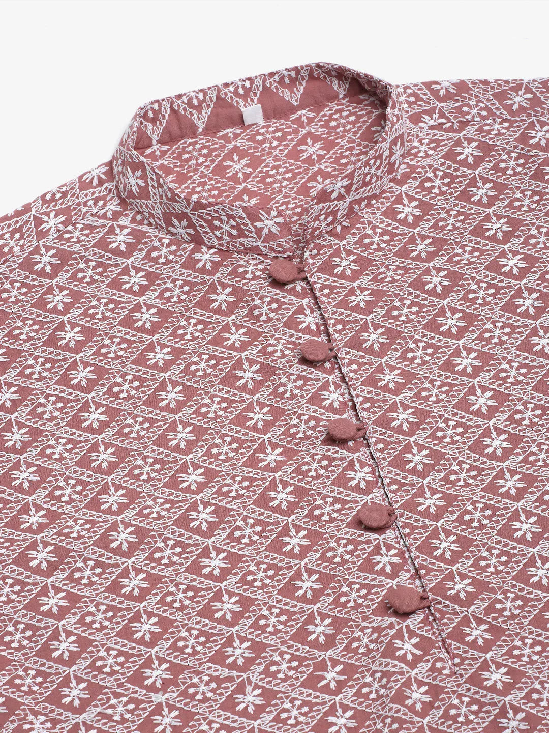 Jompers Men's Coral Red & White Embroidered Straight Kurta