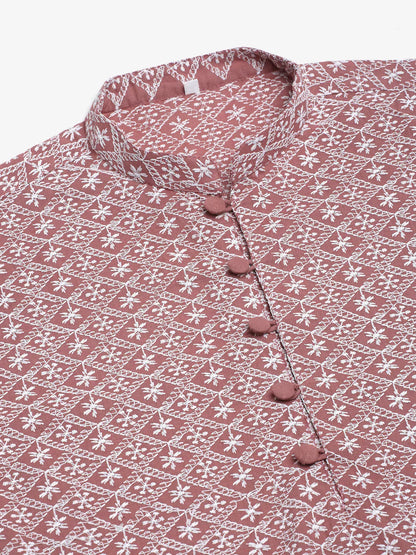 Jompers Men's Coral Red & White Embroidered Straight Kurta