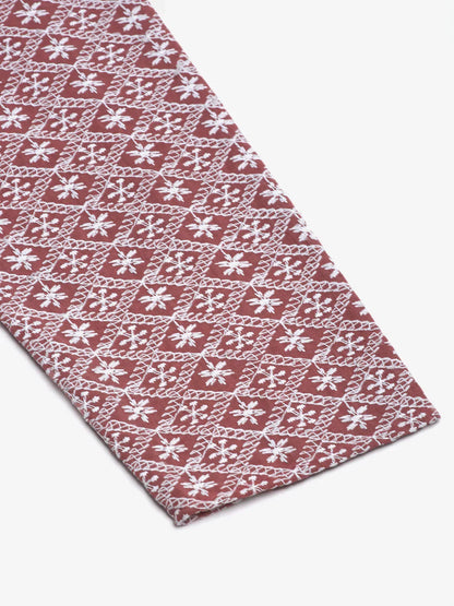 Jompers Men's Coral Red & White Embroidered Straight Kurta