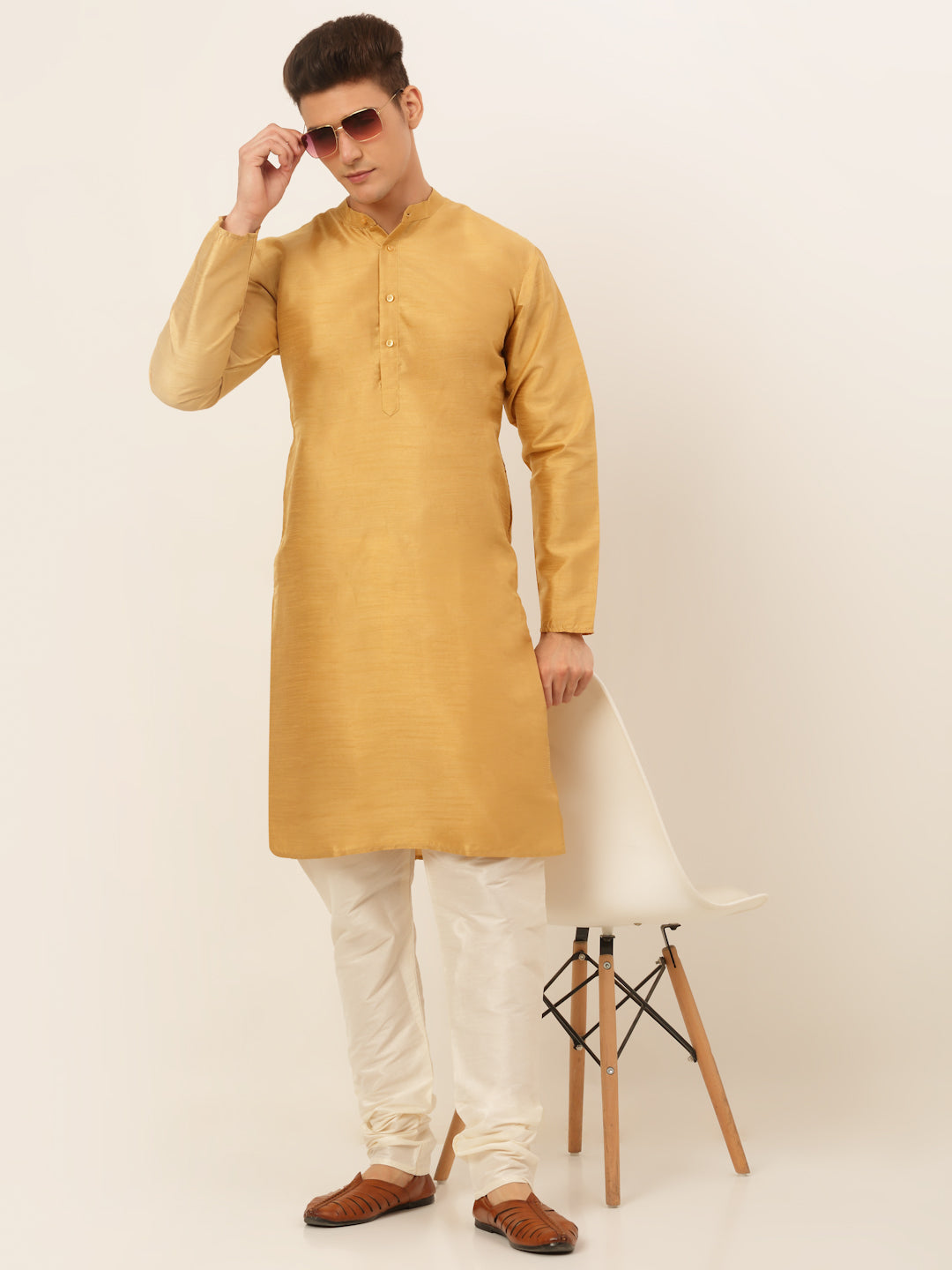 Jompers Men's Solid Dupion Silk Kurta - Dark-Golden