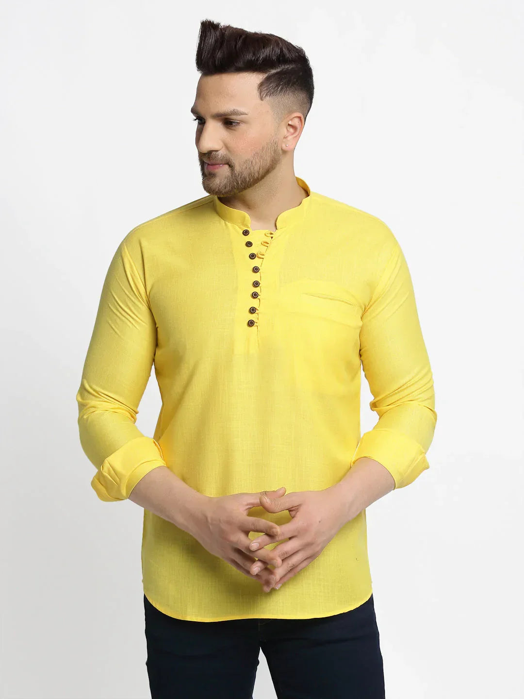 Jompers Men's Lemon Solid Cotton Short Kurta
