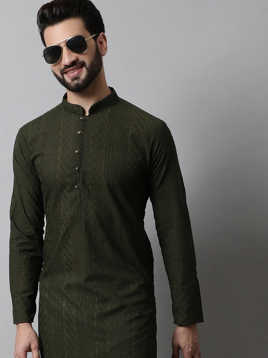 Jompers Men's Embroiderd Kurta - Olive