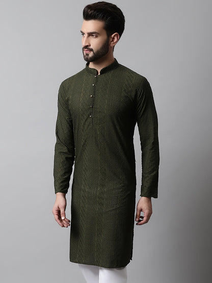 Jompers Men's Embroiderd Kurta - Olive