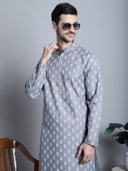 Jompers Men's Cotton Floral printed Kurta Only - Dark-Grey