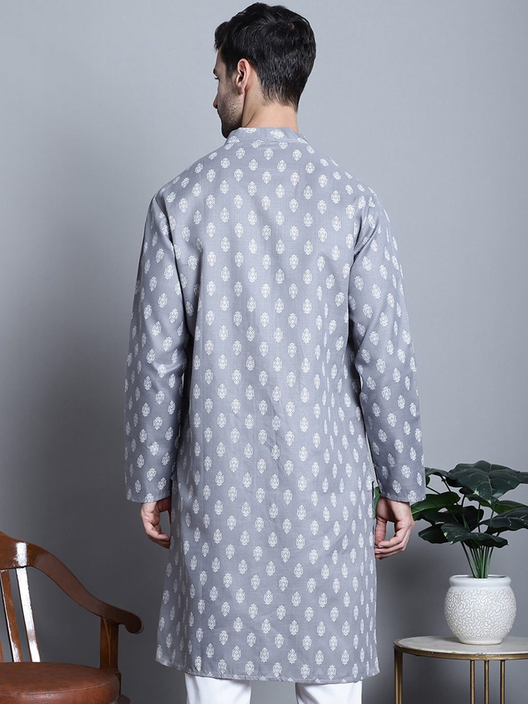 Jompers Men's Cotton Floral printed Kurta Only - Dark-Grey