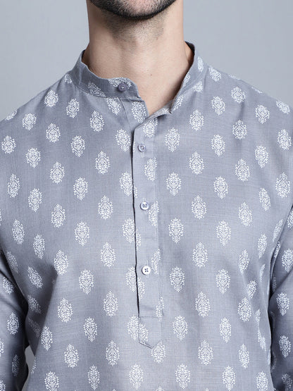 Jompers Men's Cotton Floral printed Kurta Only - Dark-Grey