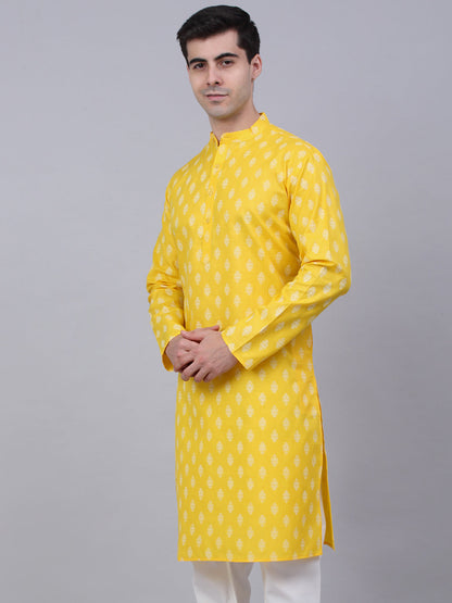 Jompers Men's Cotton Floral printed Kurta - Lemon