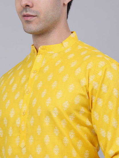 Jompers Men's Cotton Floral printed Kurta - Lemon