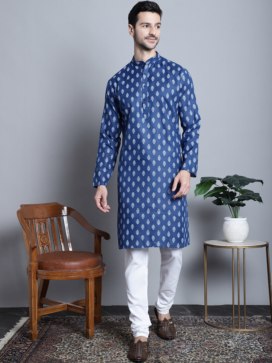 Jompers Men's Cotton Floral printed Kurta Only - Navy Blue