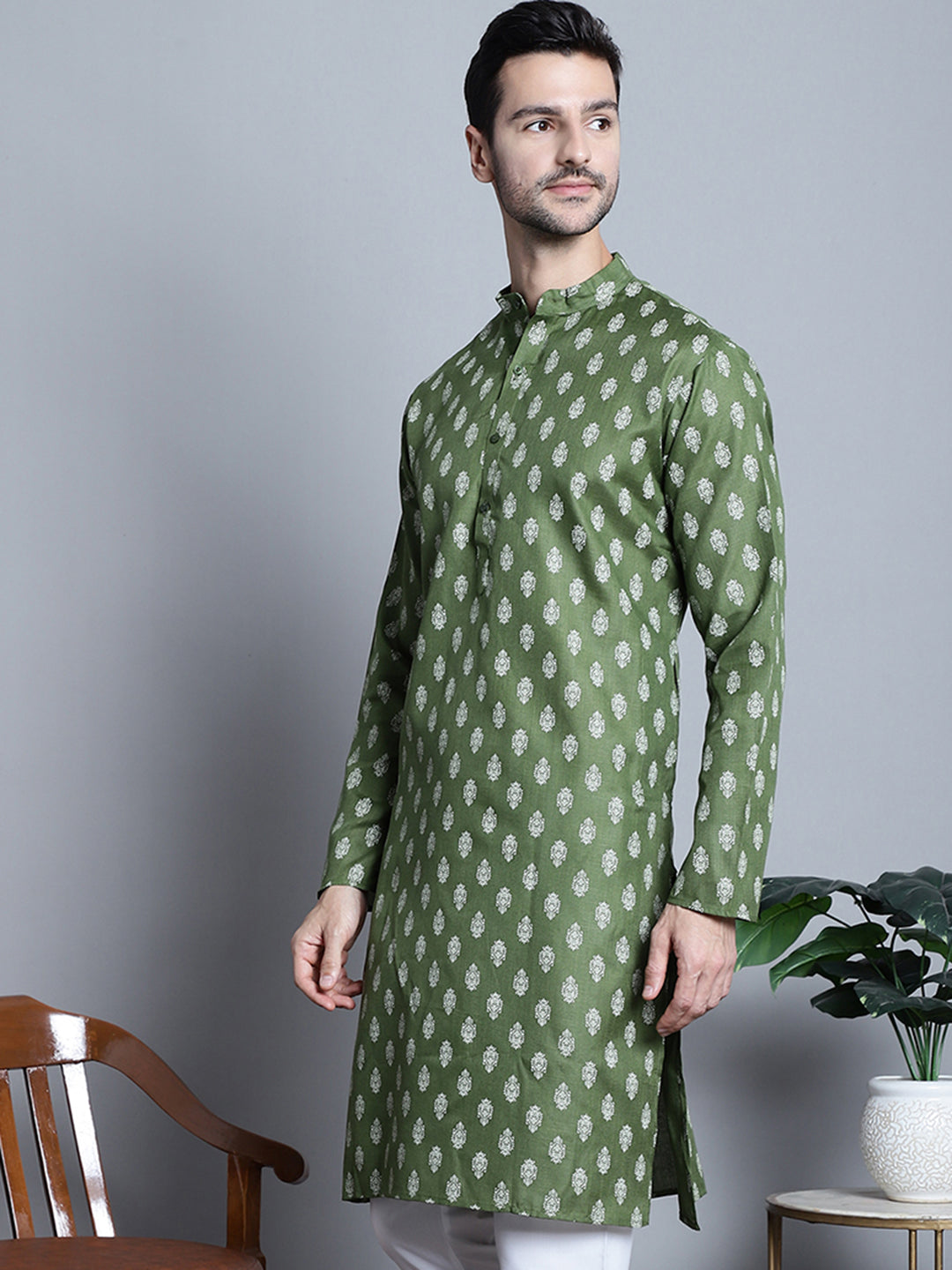 Jompers Men's Cotton Floral printed Kurta Only - Olive