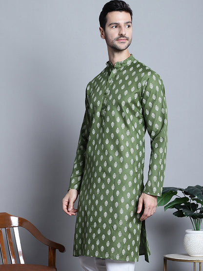 Jompers Men's Cotton Floral printed Kurta Only - Olive