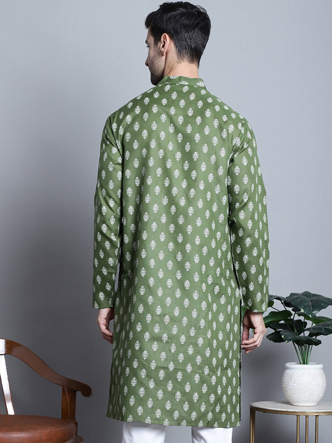 Jompers Men's Cotton Floral printed Kurta Only - Olive