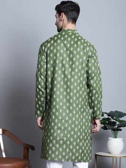Jompers Men's Cotton Floral printed Kurta Only - Olive