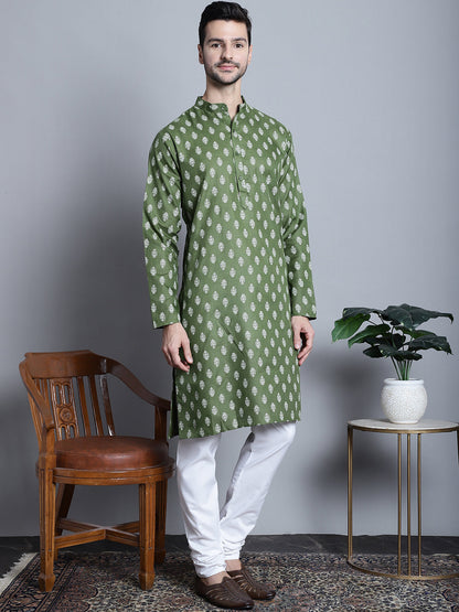 Jompers Men's Cotton Floral printed Kurta Only - Olive