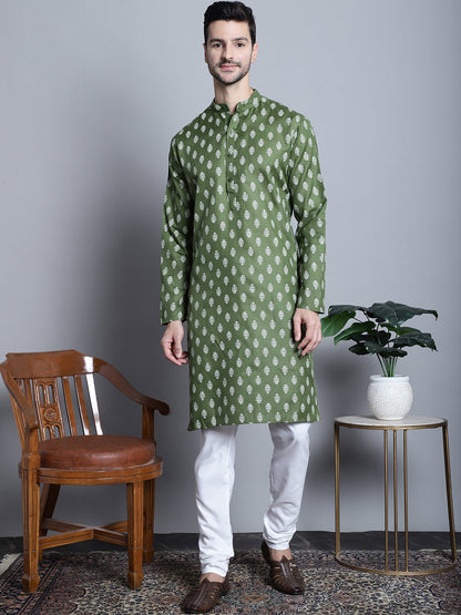 Jompers Men's Cotton Floral printed Kurta Only - Olive