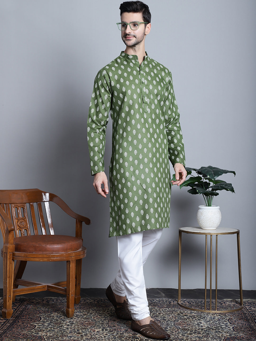 Jompers Men's Cotton Floral printed Kurta Only - Olive