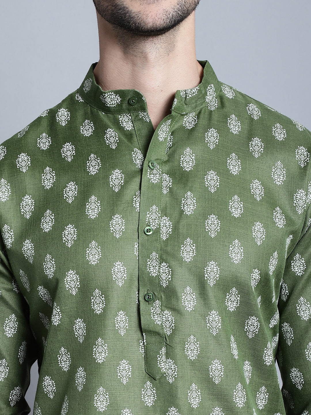 Jompers Men's Cotton Floral printed Kurta Only - Olive