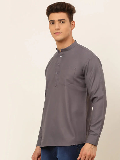 Jompers Men's Grey Solid Cotton Short Kurta
