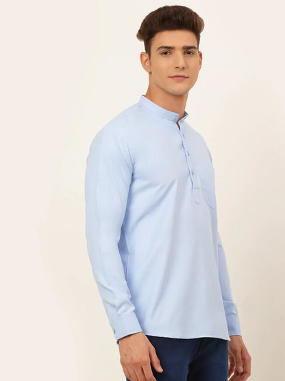 Jompers Men's Light-Blue Solid Cotton Short Kurta - Light-Blue