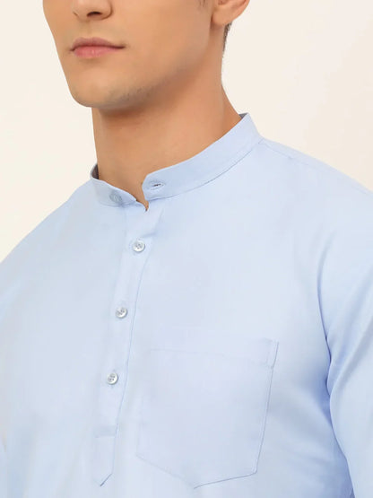 Jompers Men's Light-Blue Solid Cotton Short Kurta - Light-Blue