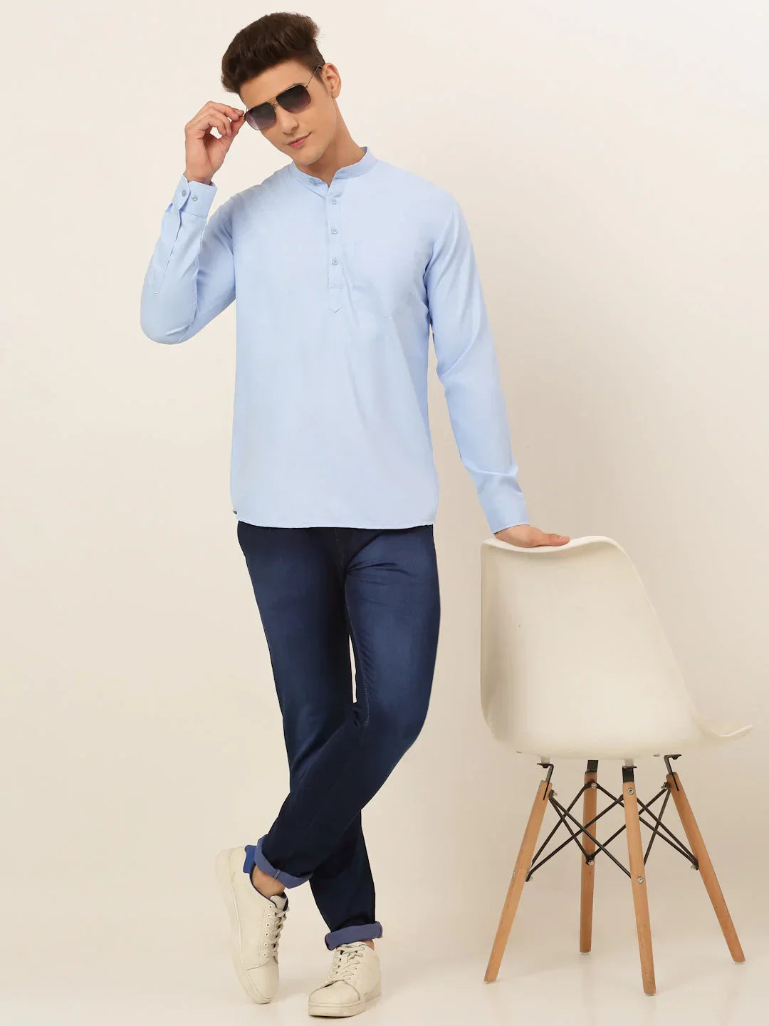Jompers Men's Light-Blue Solid Cotton Short Kurta - Light-Blue