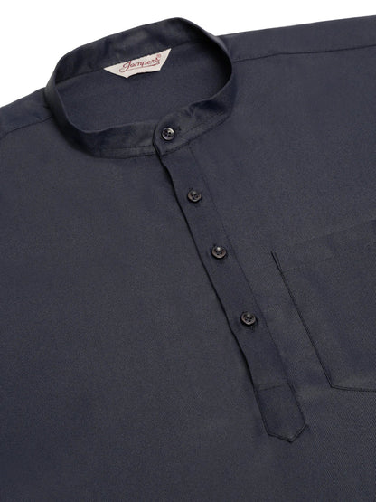 Jompers Men's Navy-Blue Solid Cotton Short Kurta - Navy Blue