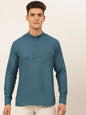 Jompers Men's Teal Blue Solid Cotton Short Kurta - Teal