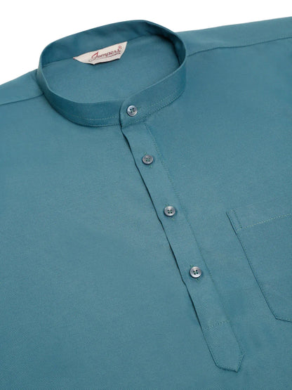 Jompers Men's Teal Blue Solid Cotton Short Kurta - Teal