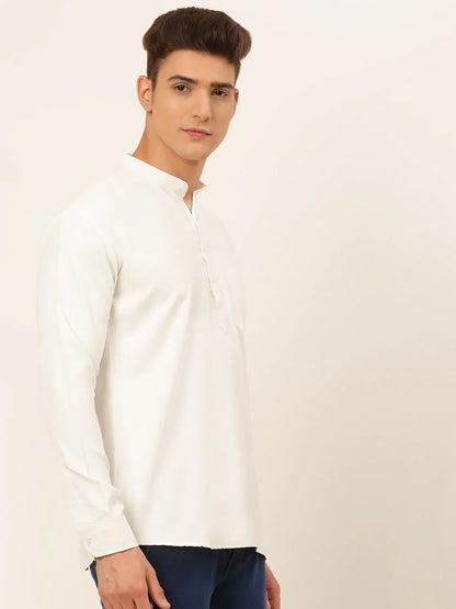 Jompers Men's White Solid Cotton Short Kurta - White