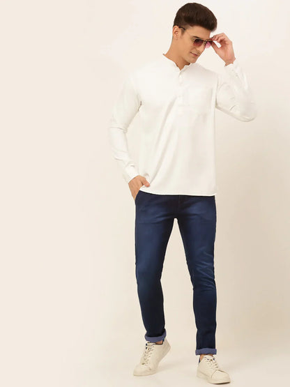 Jompers Men's White Solid Cotton Short Kurta - White